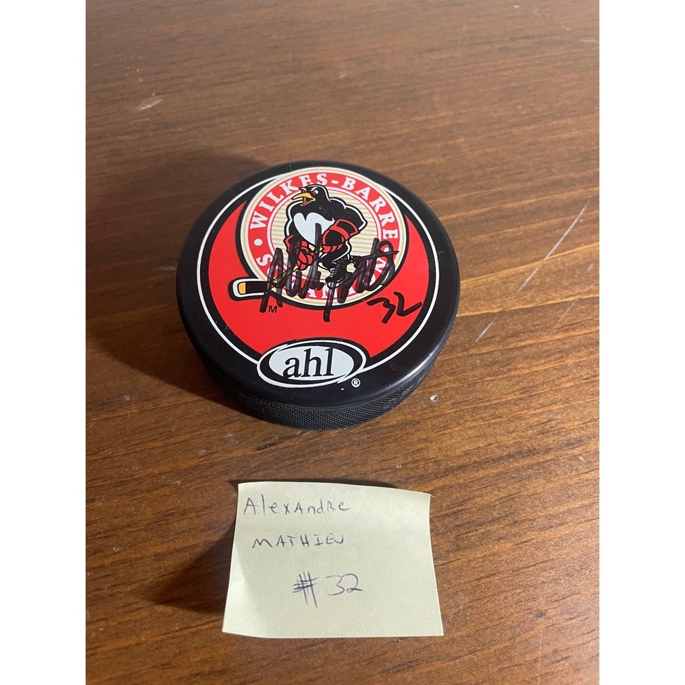 Alexandre Mathieu Signed Wilkes-Barre Scranton Penguins AHL Hockey Puck #32 Fox